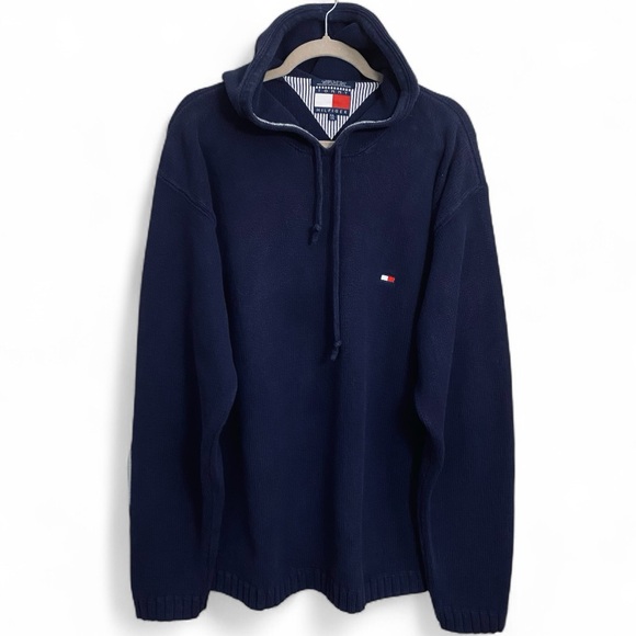 Tommy Hilfiger 90’s Men’s Crochet Knit Mid Weight Cotton Navy Hooded Sweater XXL